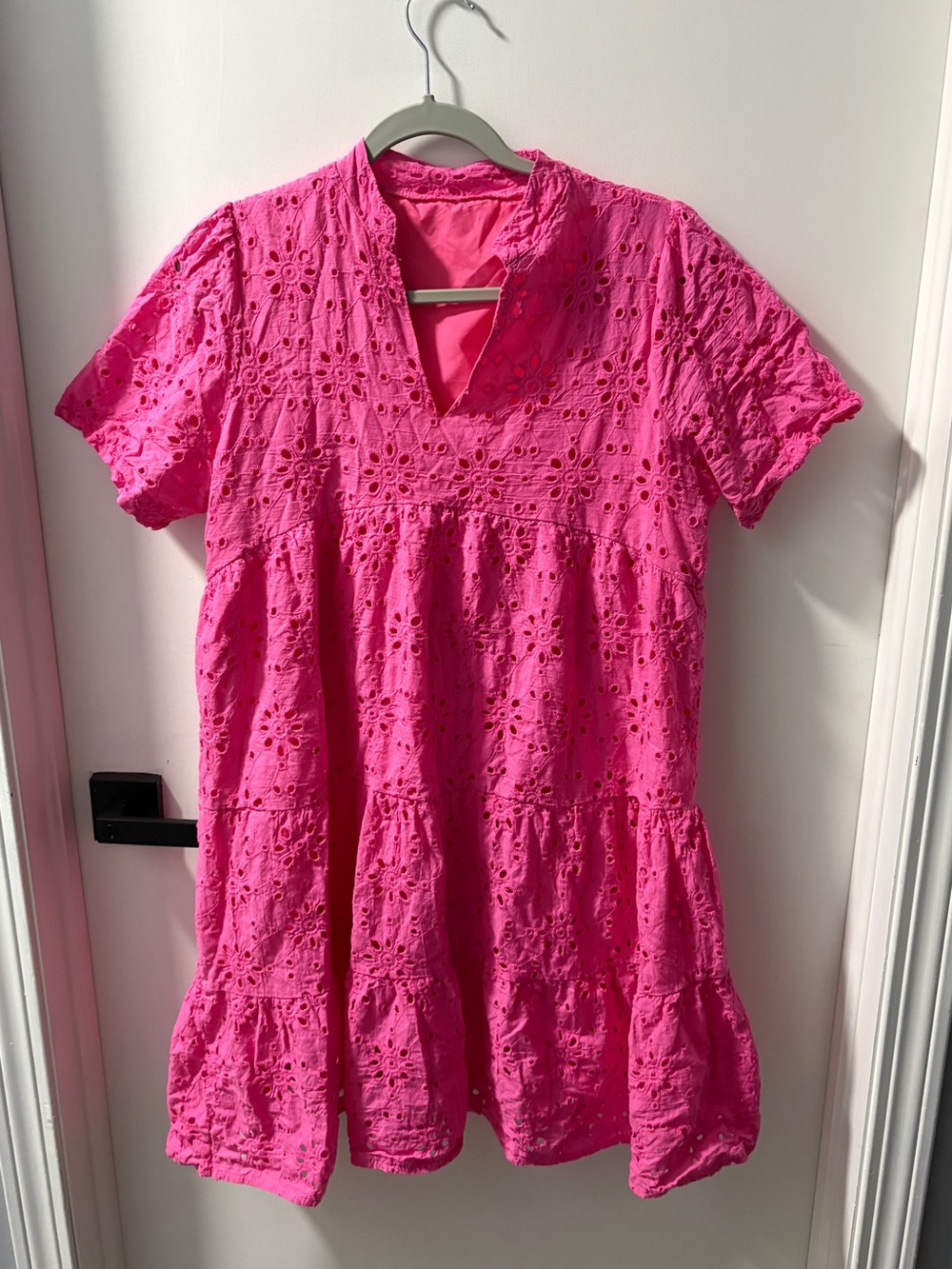 Eyelet Tiered Mini Dress - Hot Pink